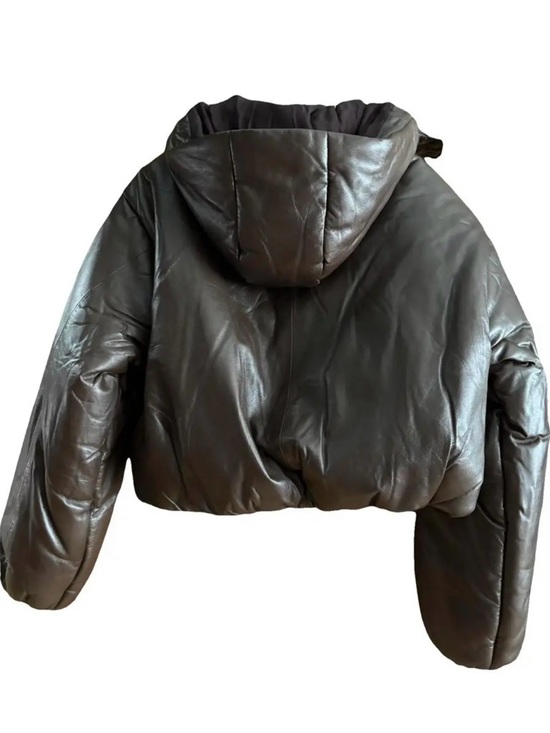 Sandro Brown Leather Cropped Puffer Jacket - Picture 2 of 5